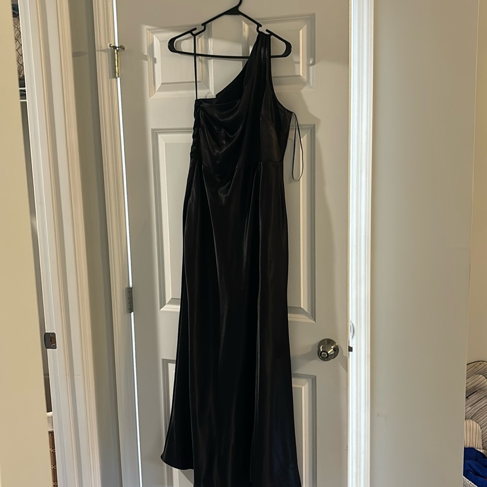 Black satin one shoulder dress